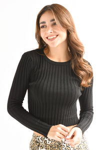 Fashion Styled Blusa de punto canalé manga larga Negra
