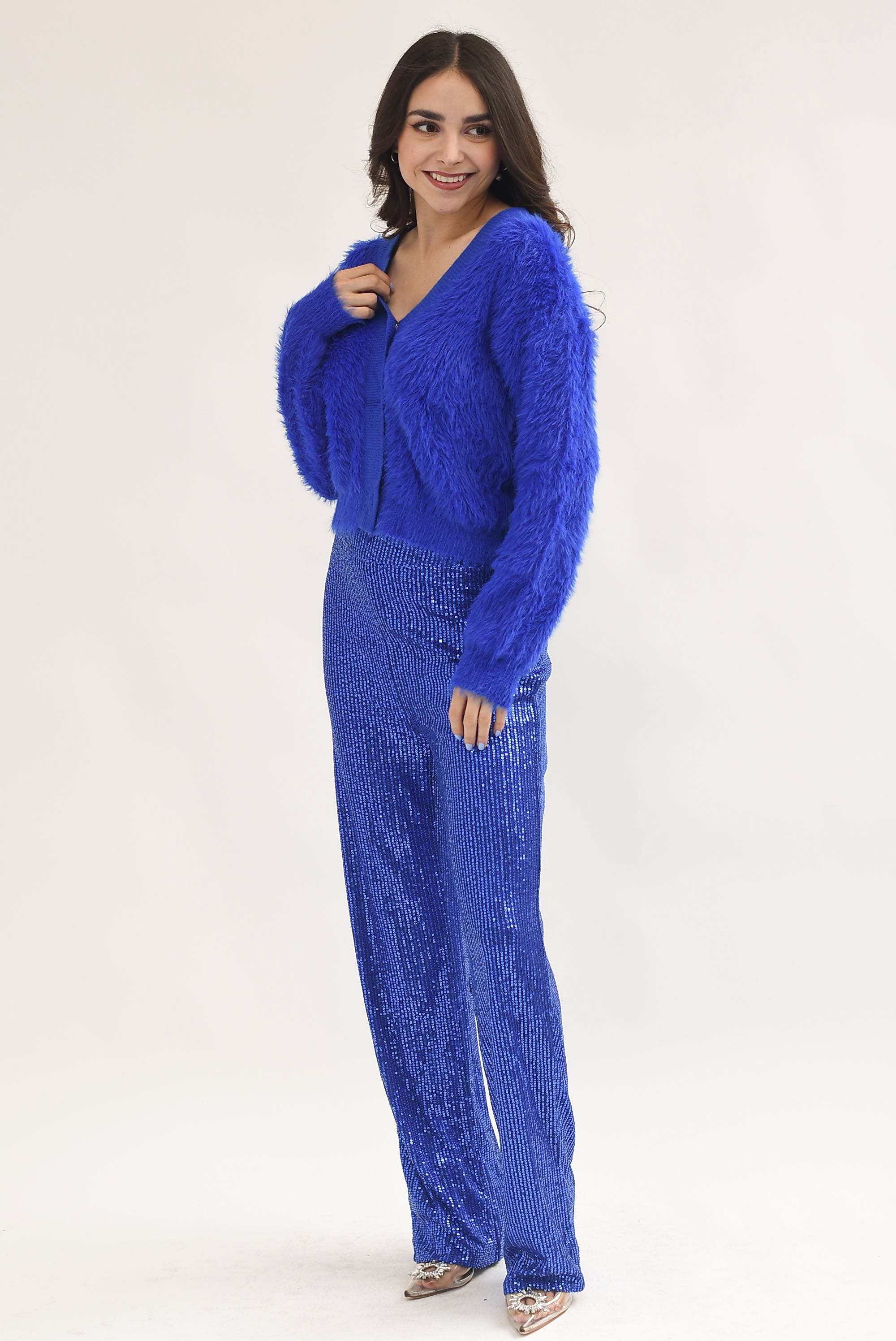 Pantalón pierna ancha lentejuela Azul Rey