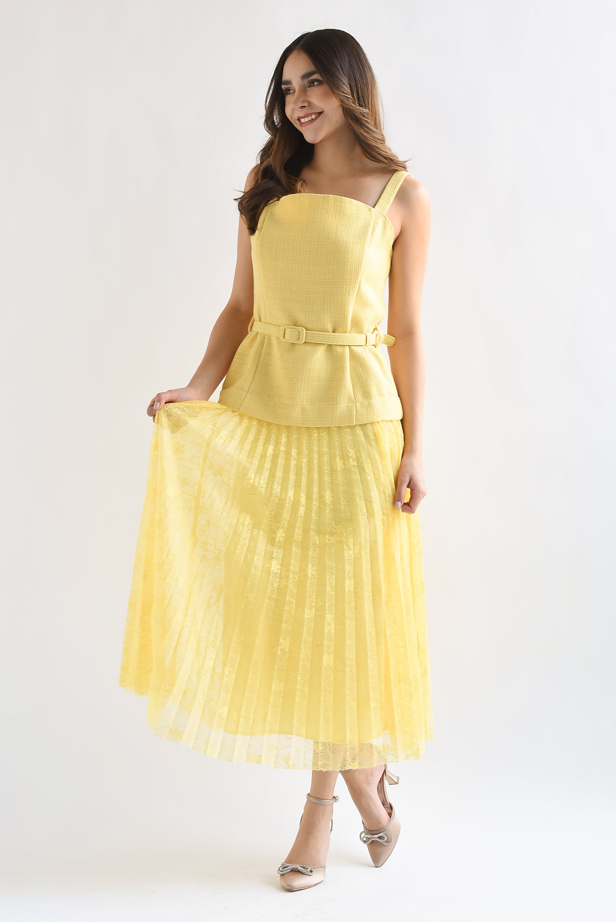 Vestido tweed y encaje Amarillo