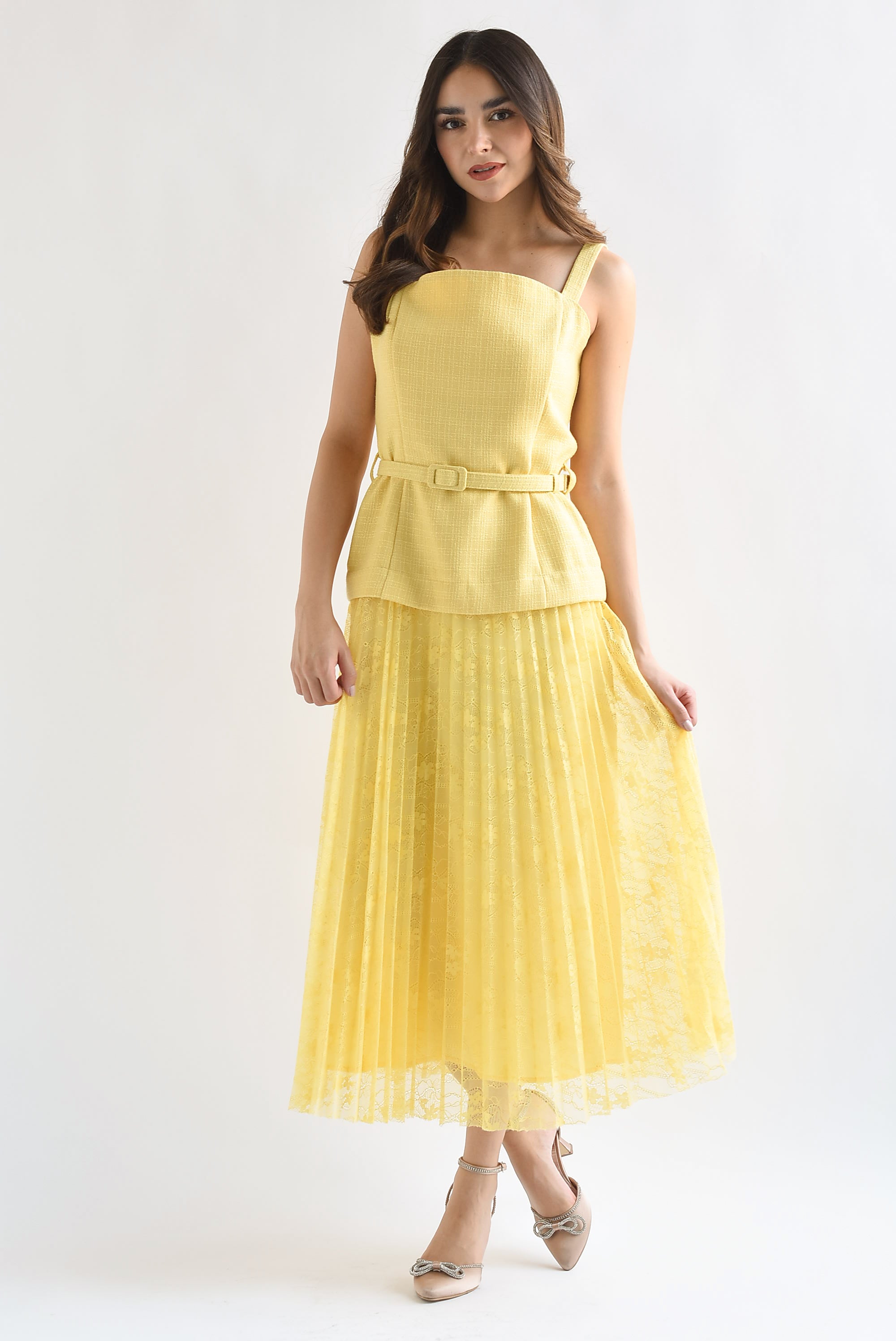 Vestido tweed y encaje Amarillo