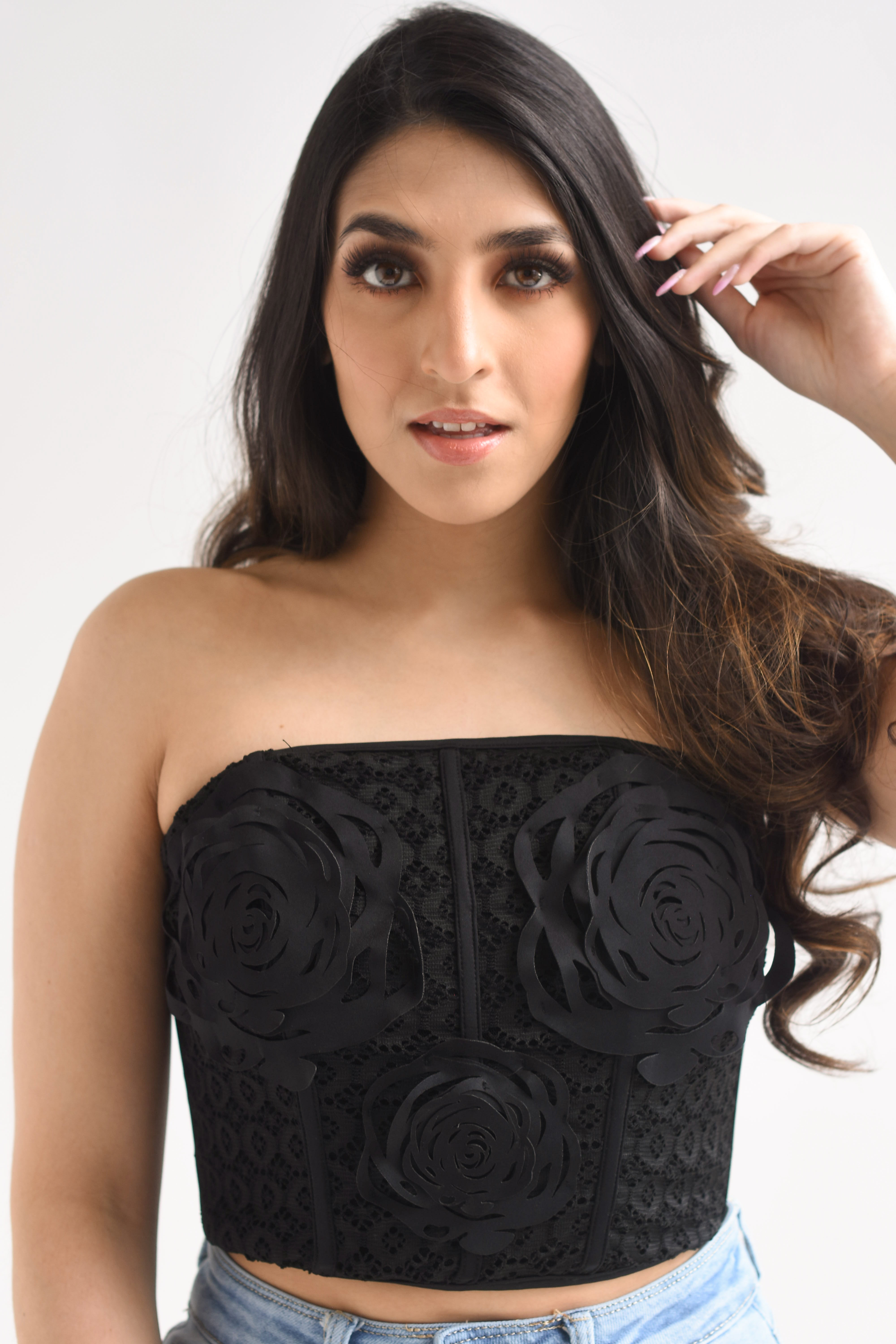 Corset encaje flores laser cut Negro