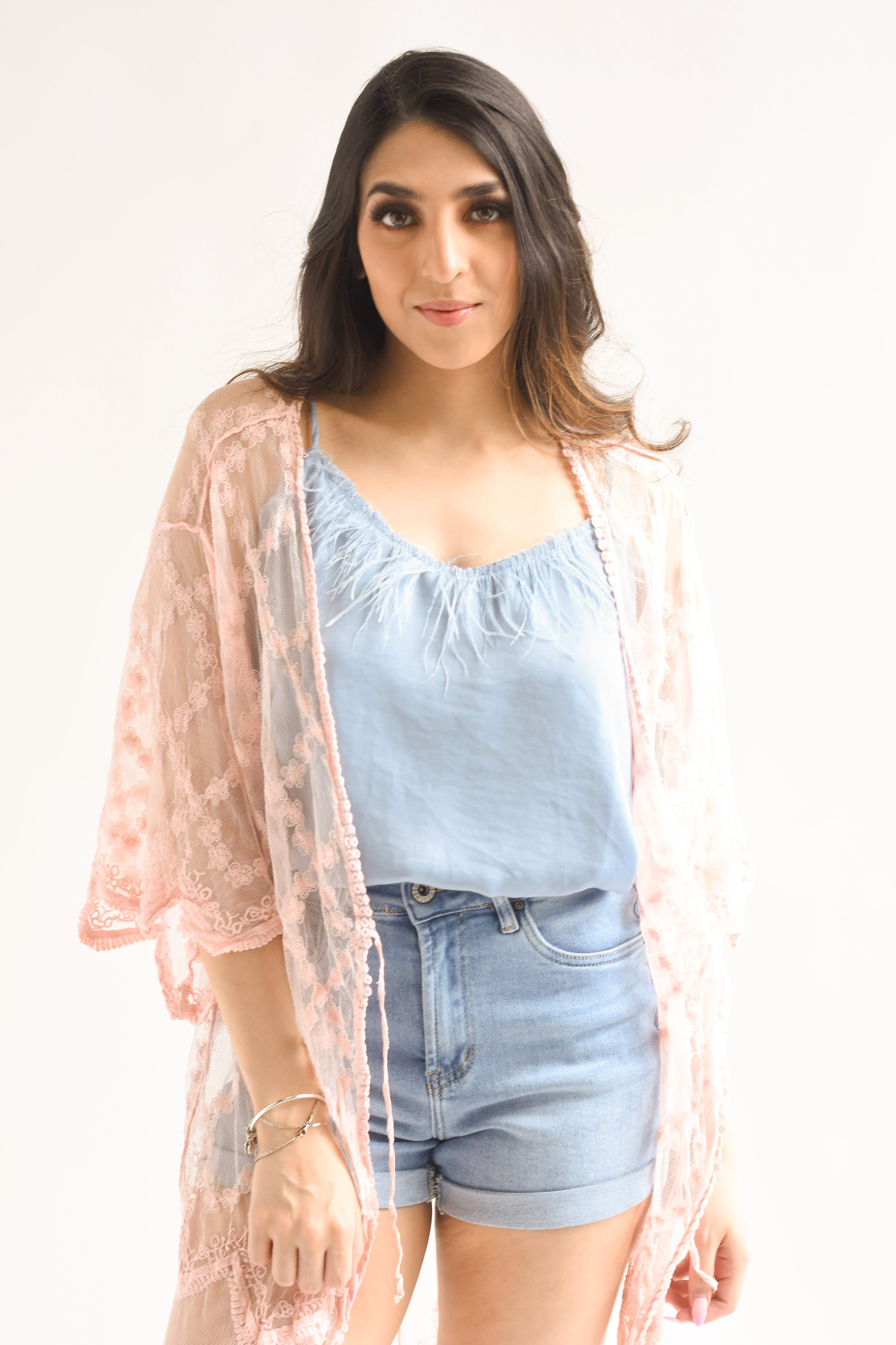 Kimono mesh flores Rosa baby