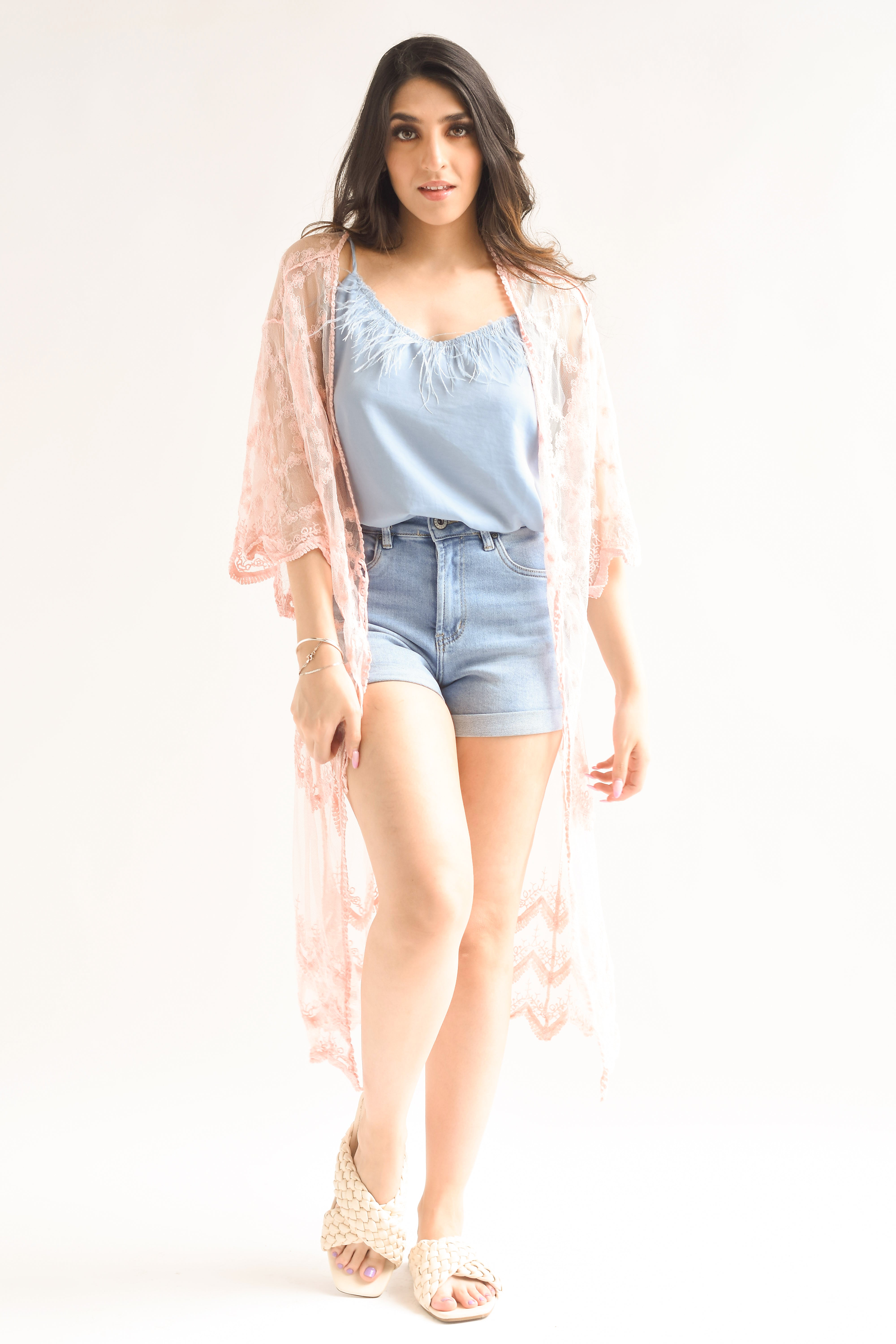 Kimono mesh flores Rosa baby