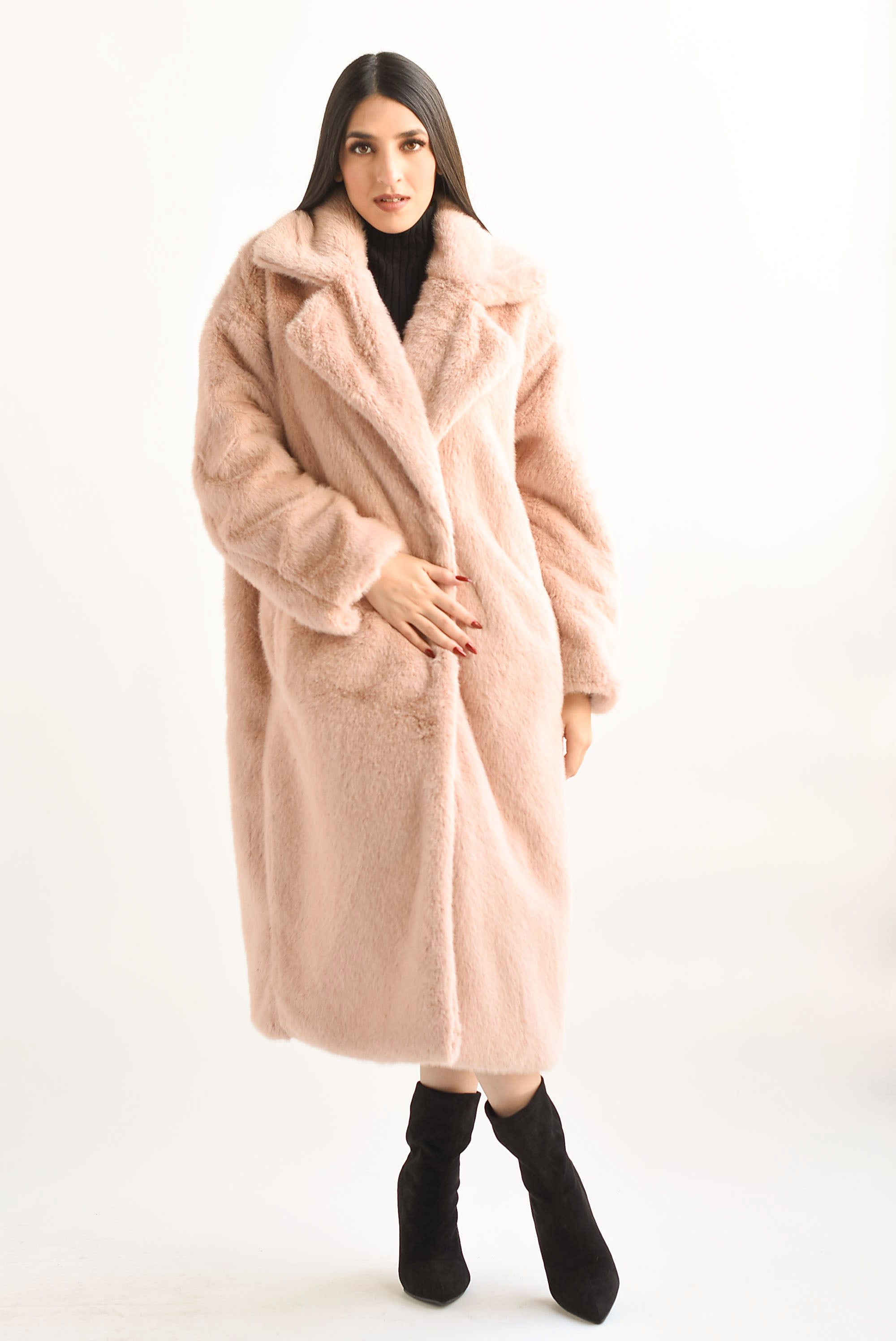 Abrigo largo faux fur Rosa palo