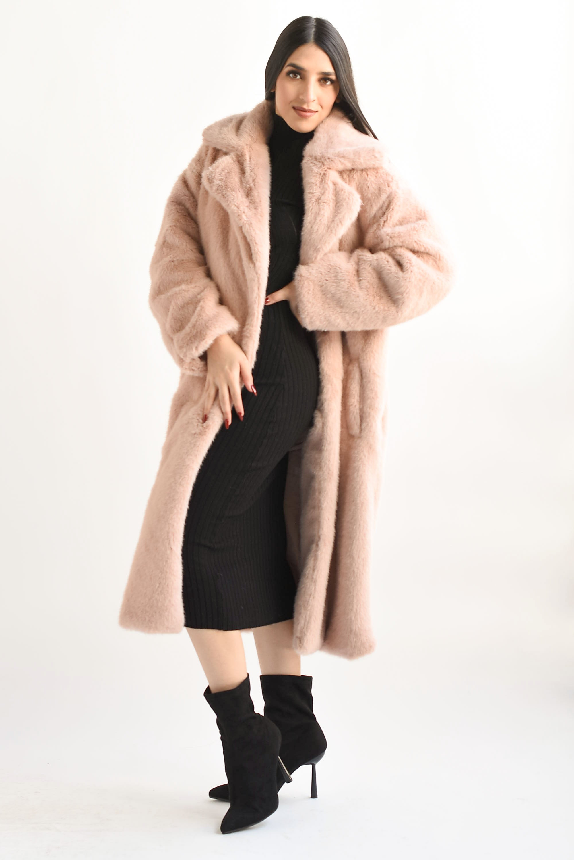 Abrigo largo faux fur Rosa palo