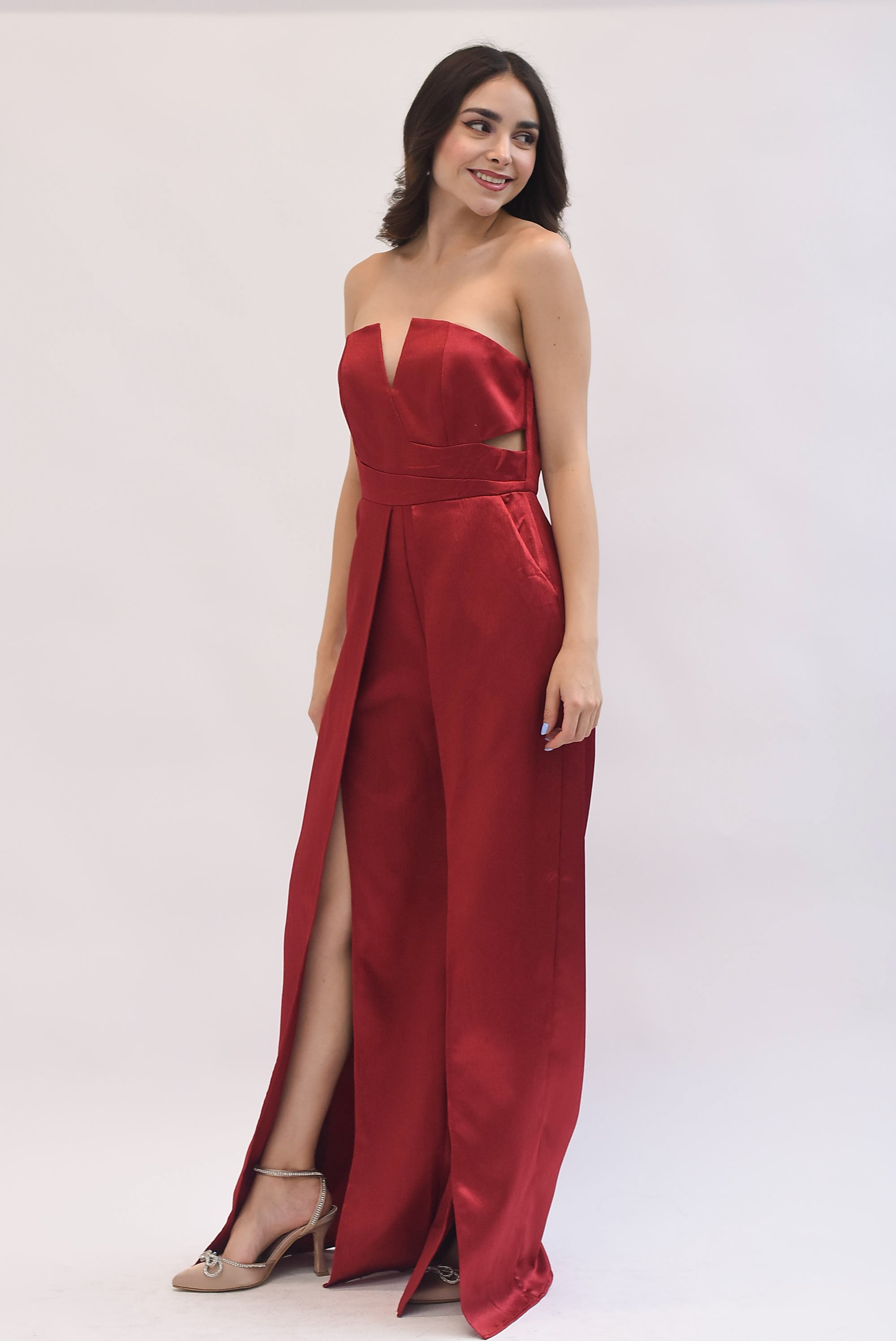 Jumpsuit strapless satín Rojo Cereza