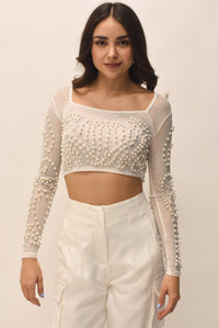 Fashion Styled Top mesh perlas y brillos Blanco