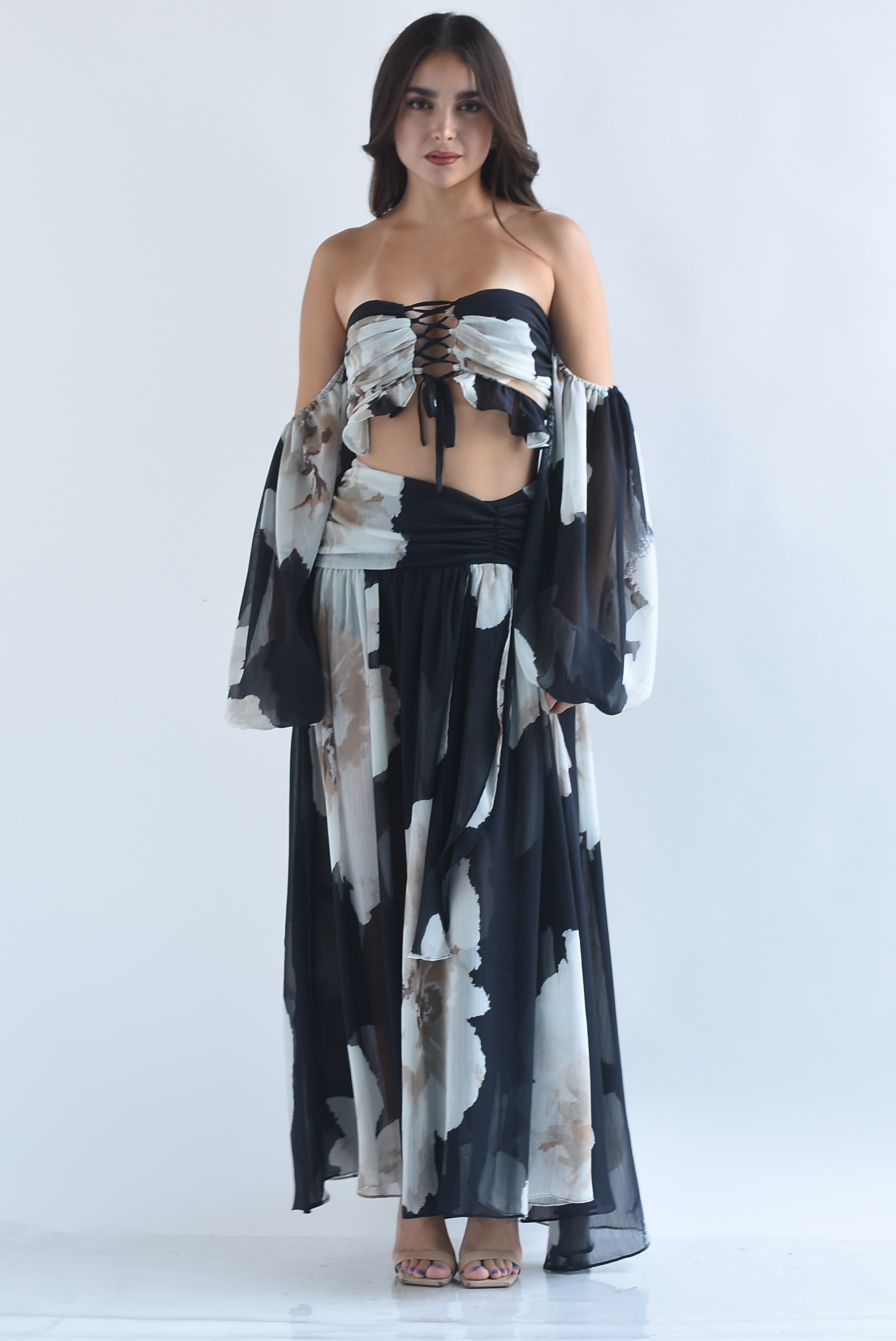 Set Falda y Blusa crop mangas gasa flores