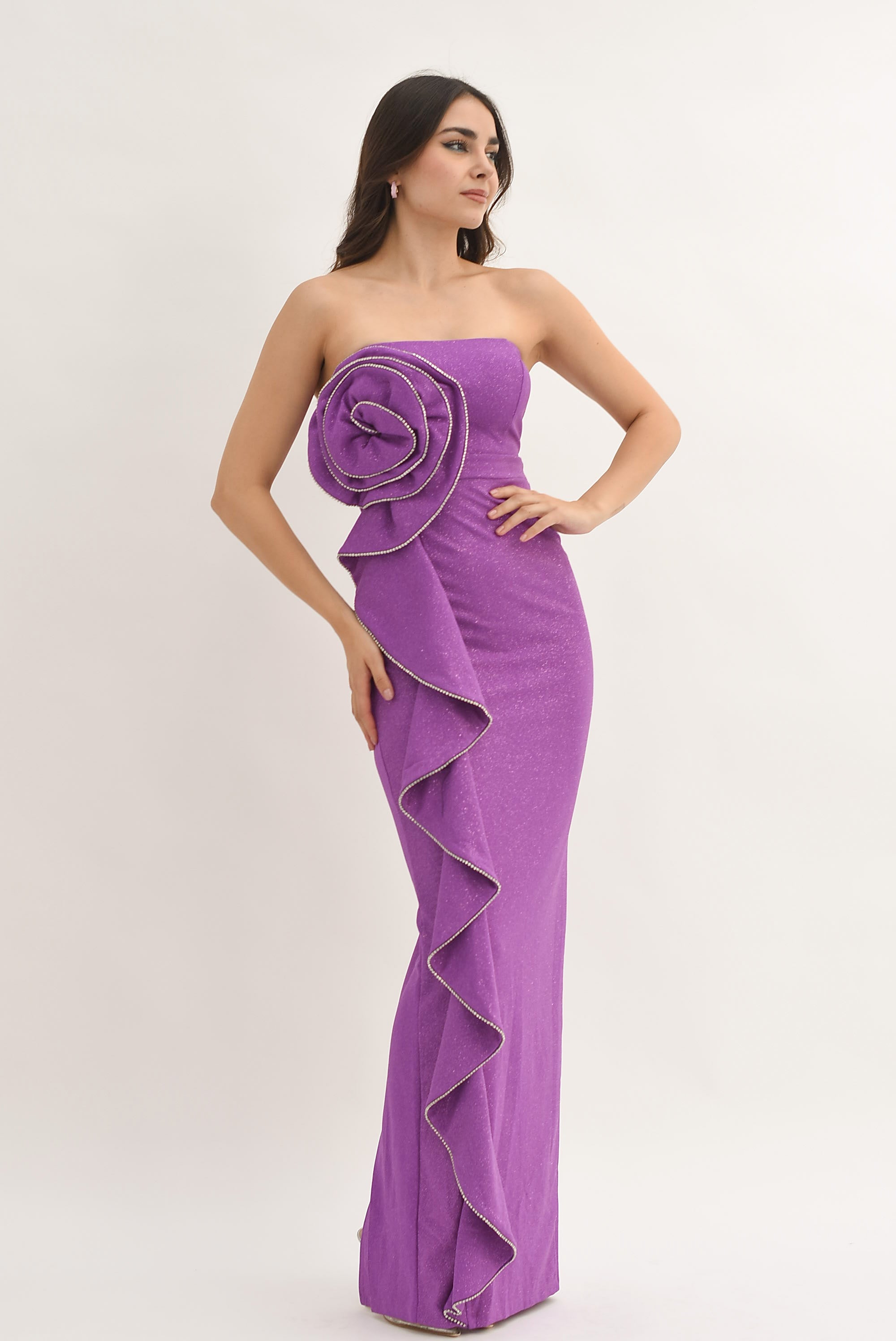 Vestido largo Flor 3D glitter Morado