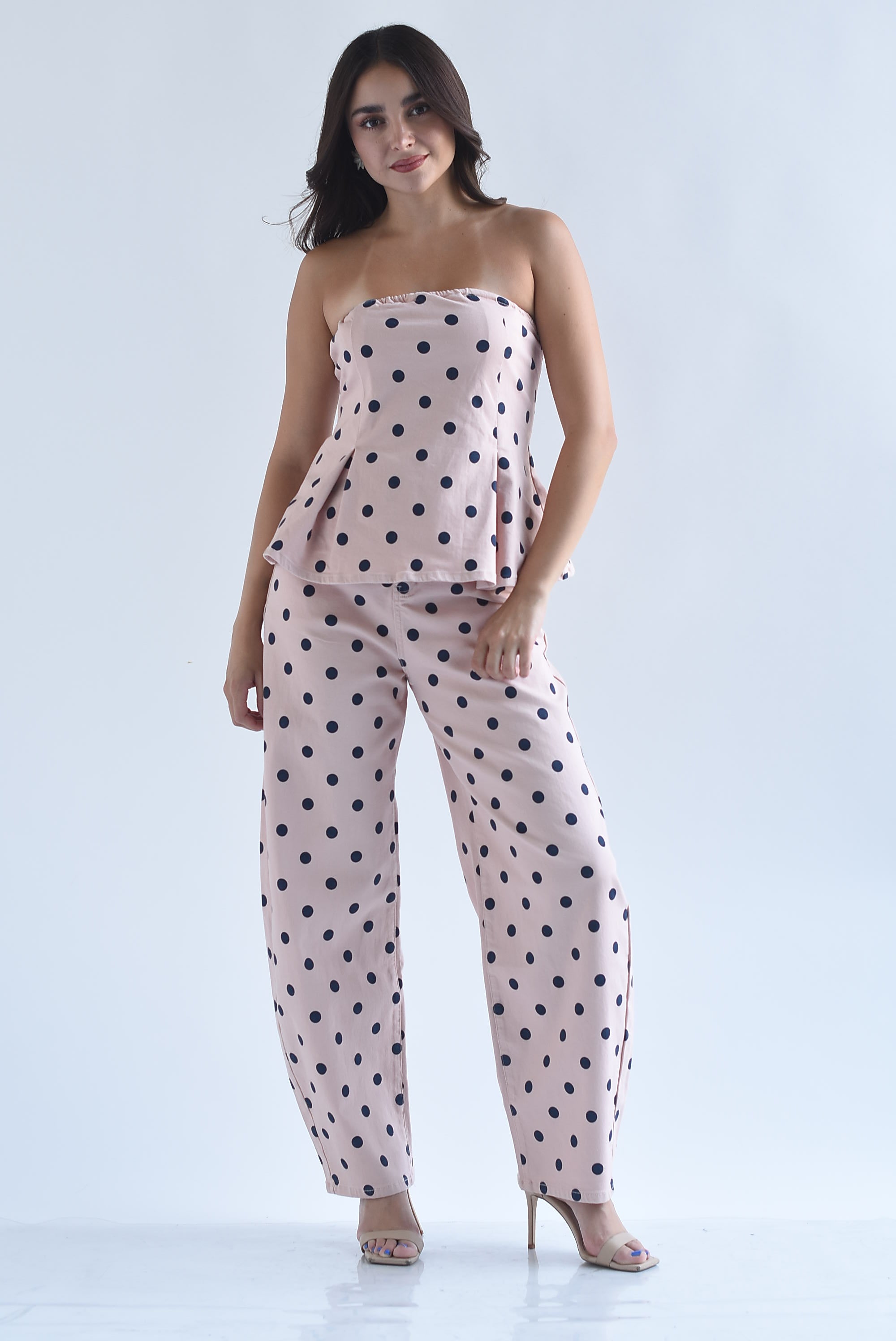 Set Pantalón barrel y Blusa peplum polka dots Denim