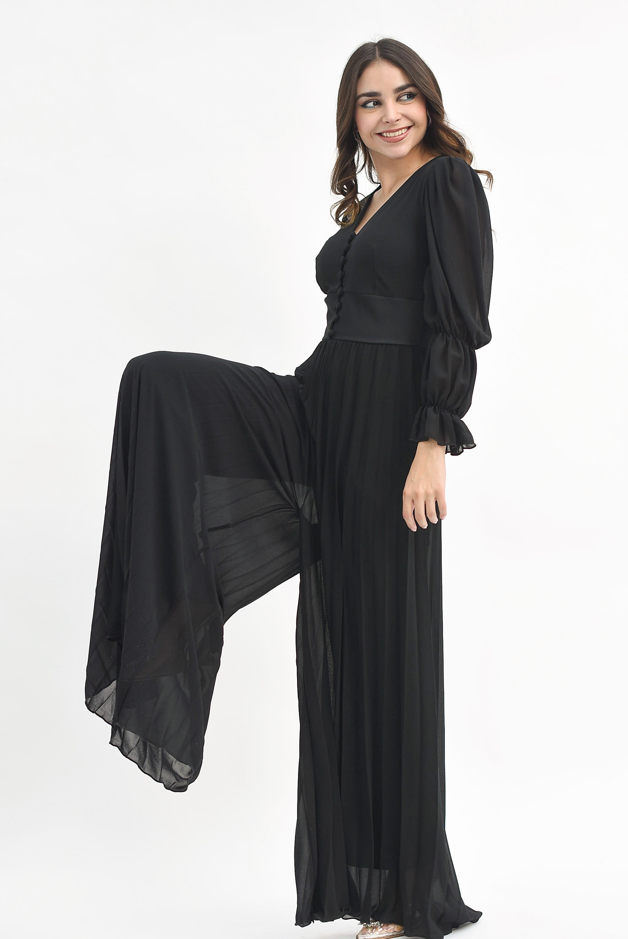 Jumpsuit tableado de gasa Negro