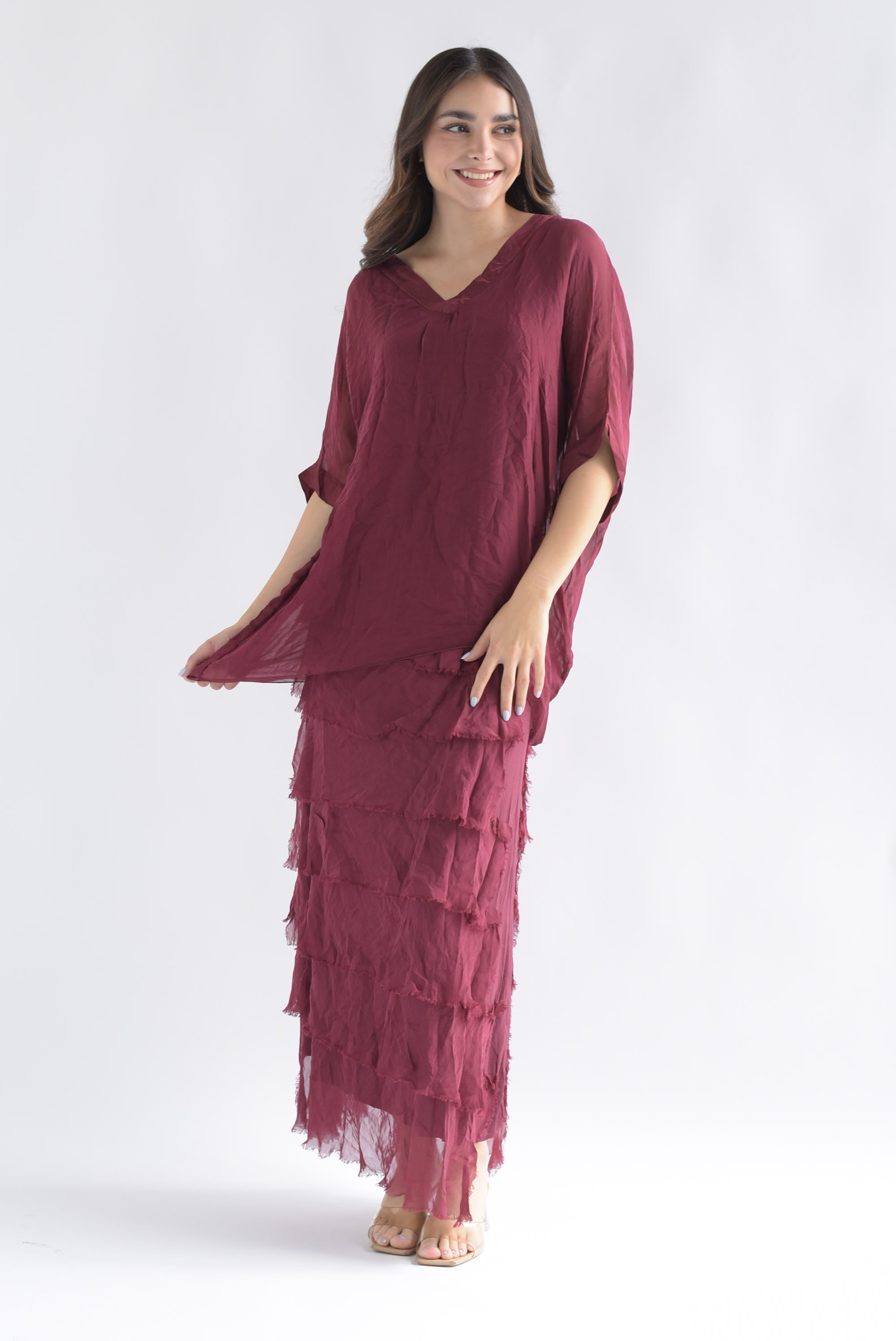 Set Falda larga olanes y Blusón Vino