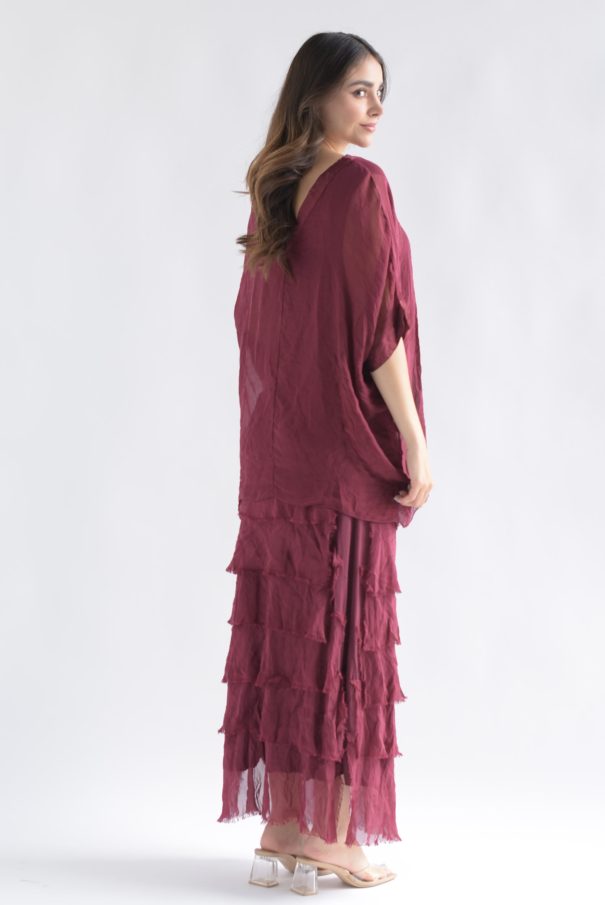 Set Falda larga olanes y Blusón Vino