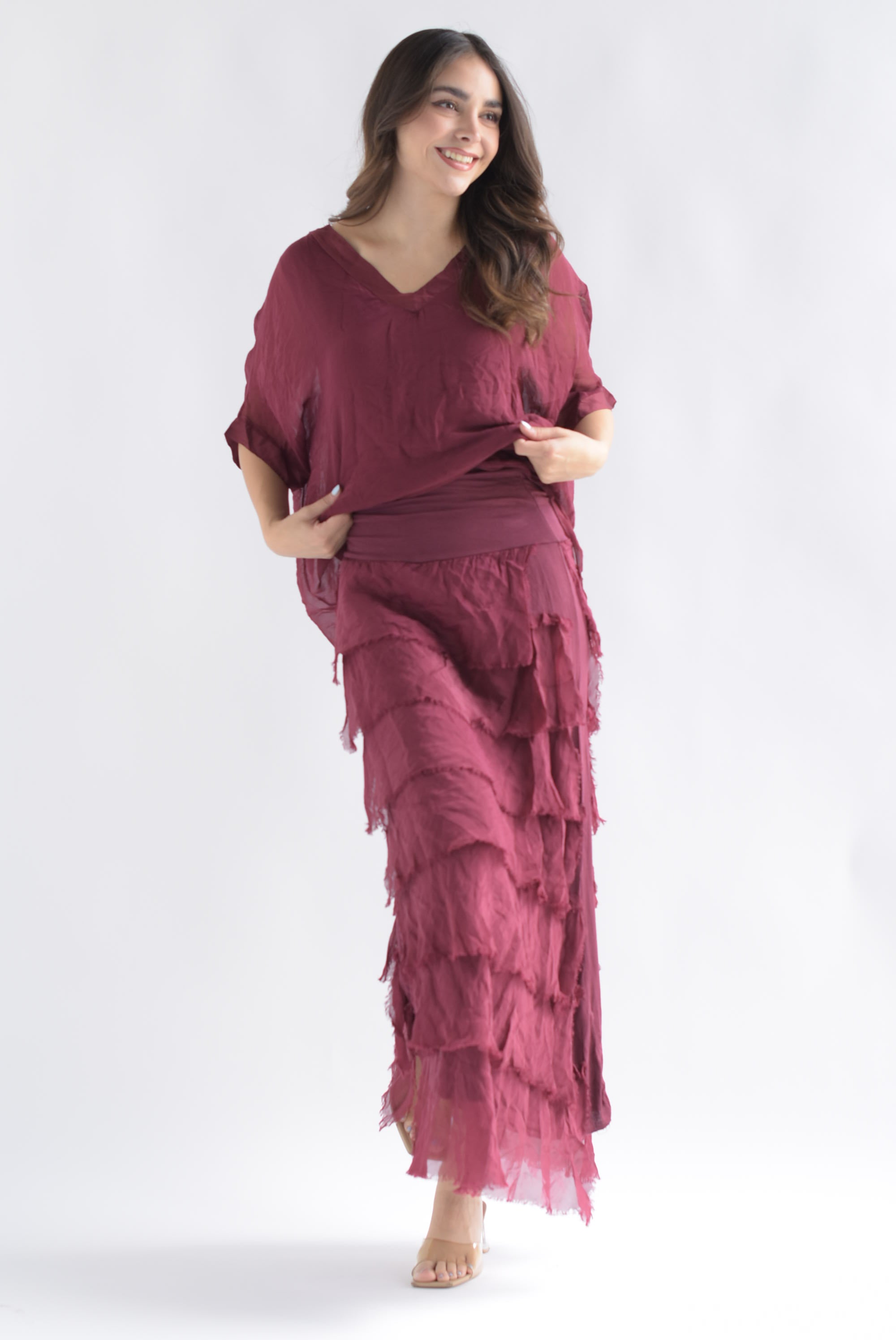 Set Falda larga olanes y Blusón Vino