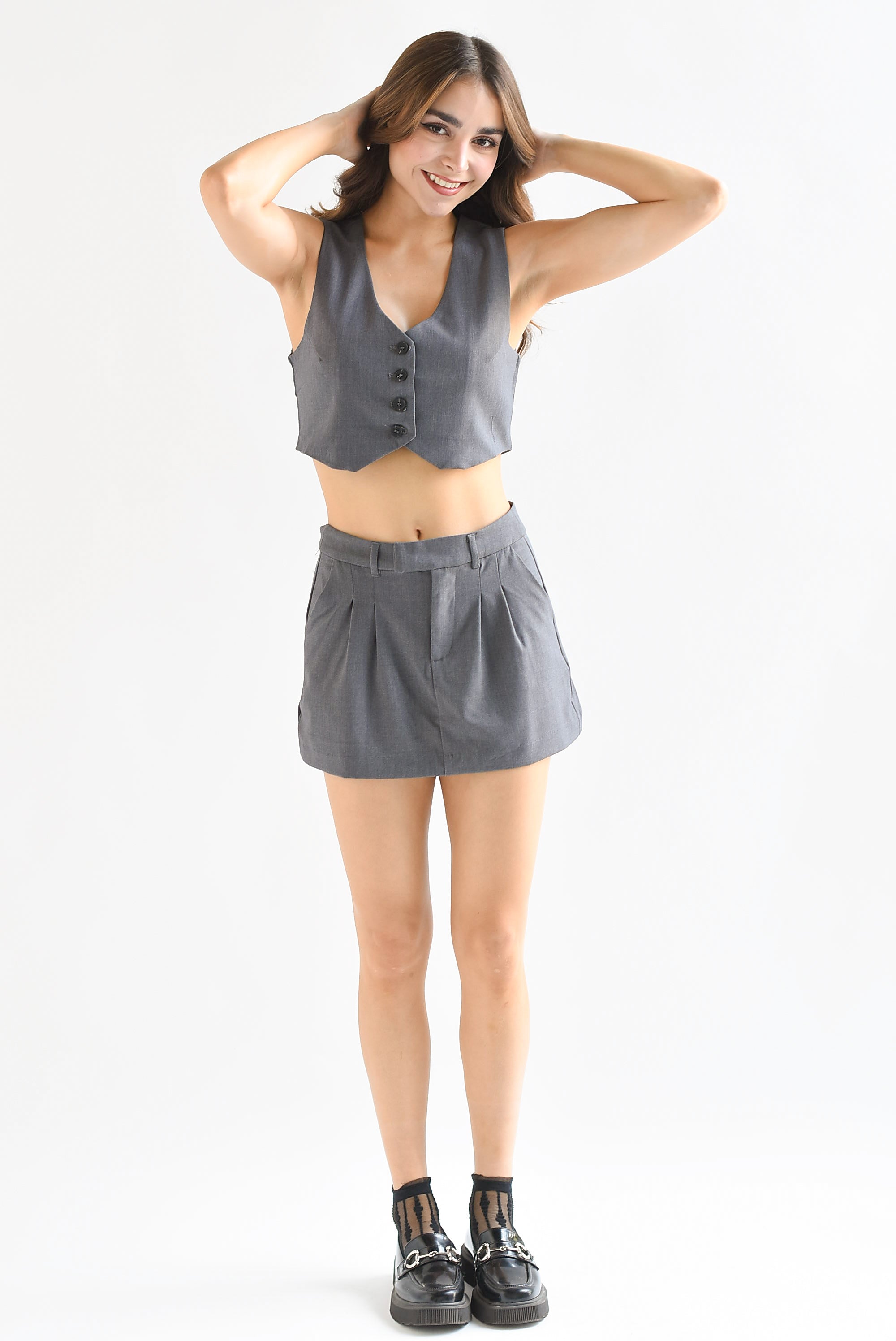 Falda mini sastrera pinzas Gris