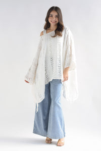 Fashion Styled Poncho deshilado denim Blanco