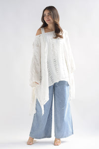 Fashion Styled Poncho deshilado denim Blanco