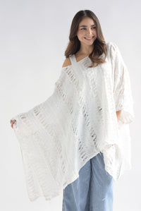 Fashion Styled Poncho deshilado denim Blanco