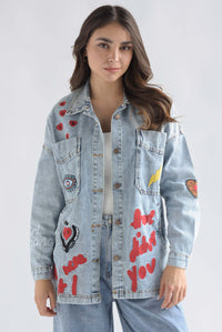 Fashion Styled Chamarra larga parches Denim Light