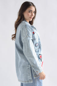 Fashion Styled Chamarra larga parches Denim Light
