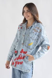 Fashion Styled Chamarra larga parches Denim Light