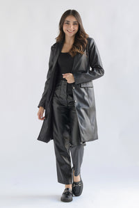 Fashion Styled Abrigo vinipiel bolsillos ojal Negro