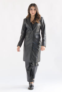 Fashion Styled Abrigo vinipiel bolsillos ojal Negro