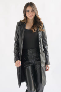 Fashion Styled Abrigo vinipiel bolsillos ojal Negro