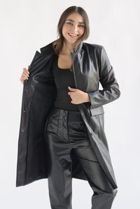 Fashion Styled Abrigo vinipiel bolsillos ojal Negro