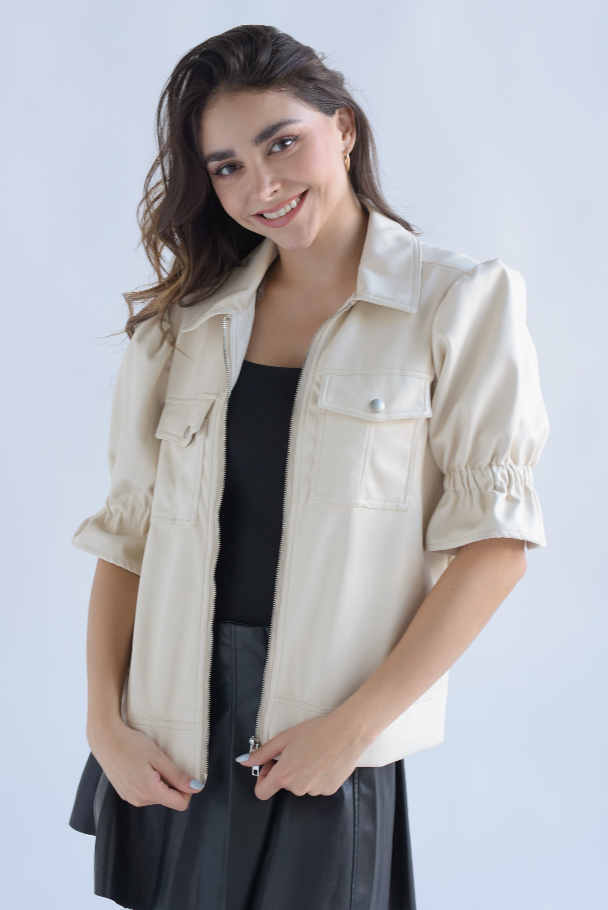 Chamarra vinipiel manga puffy 3/4 Ivory