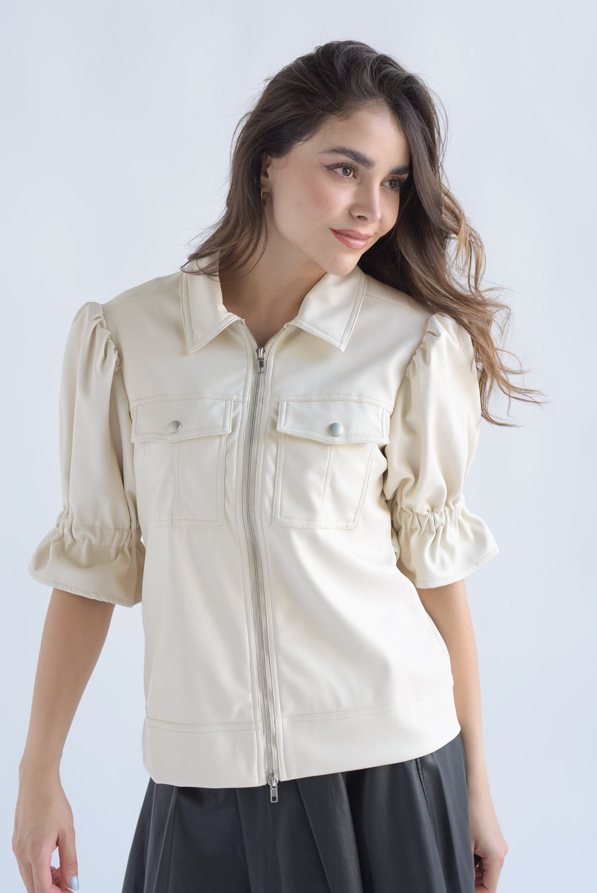 Chamarra vinipiel manga puffy 3/4 Ivory