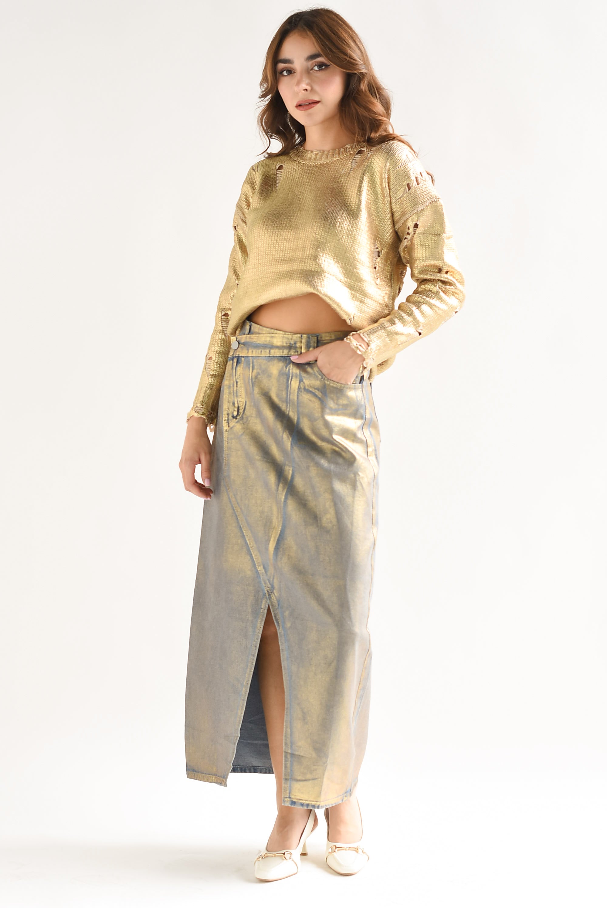 Falda Denim Foil Dorado