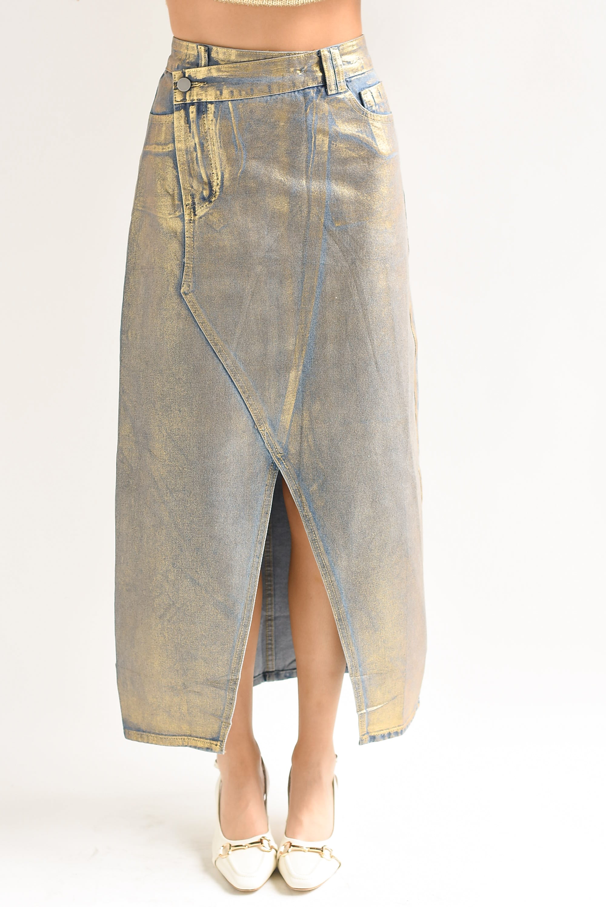 Falda Denim Foil Dorado