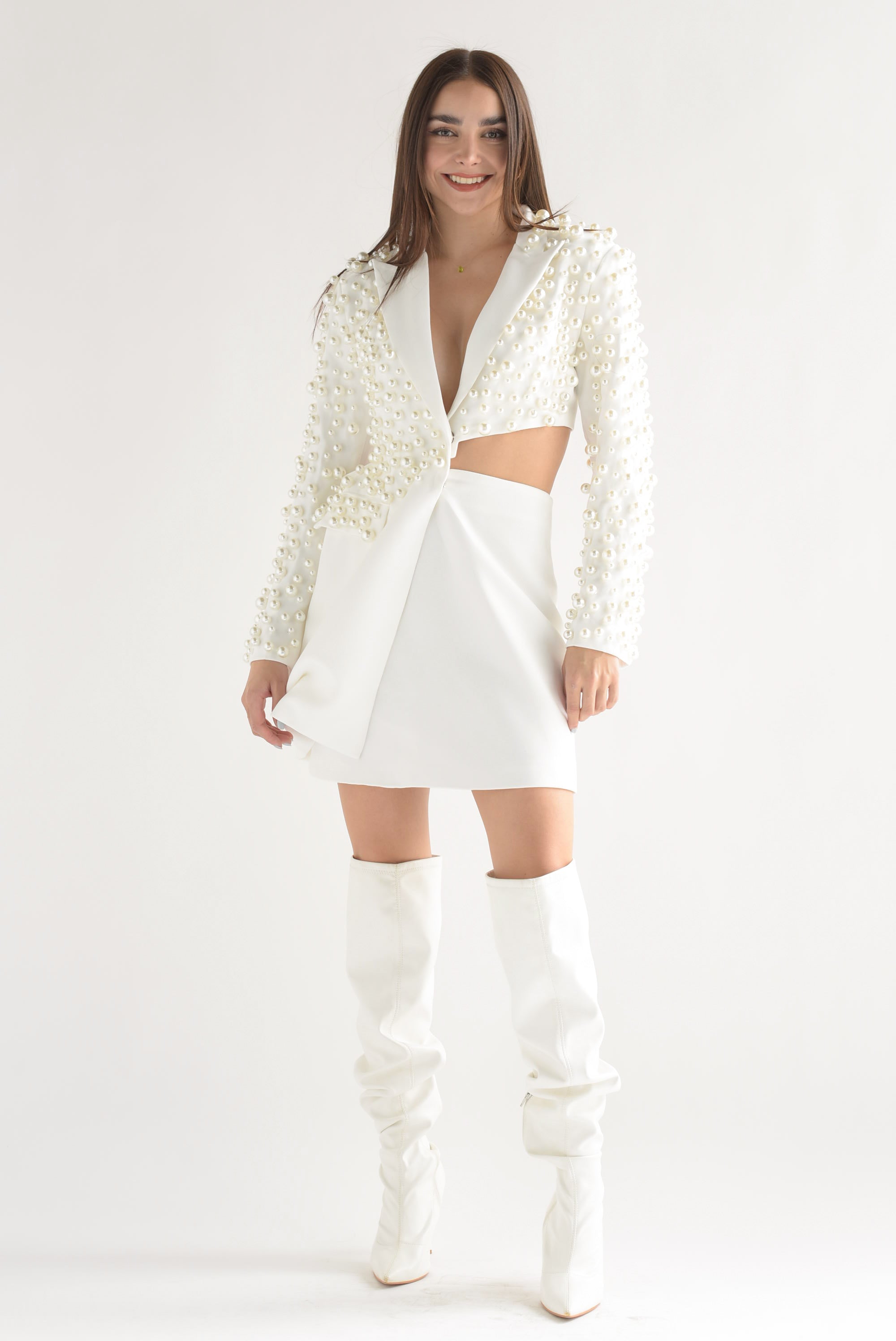 Blazer dress cut-out perlas Blanco