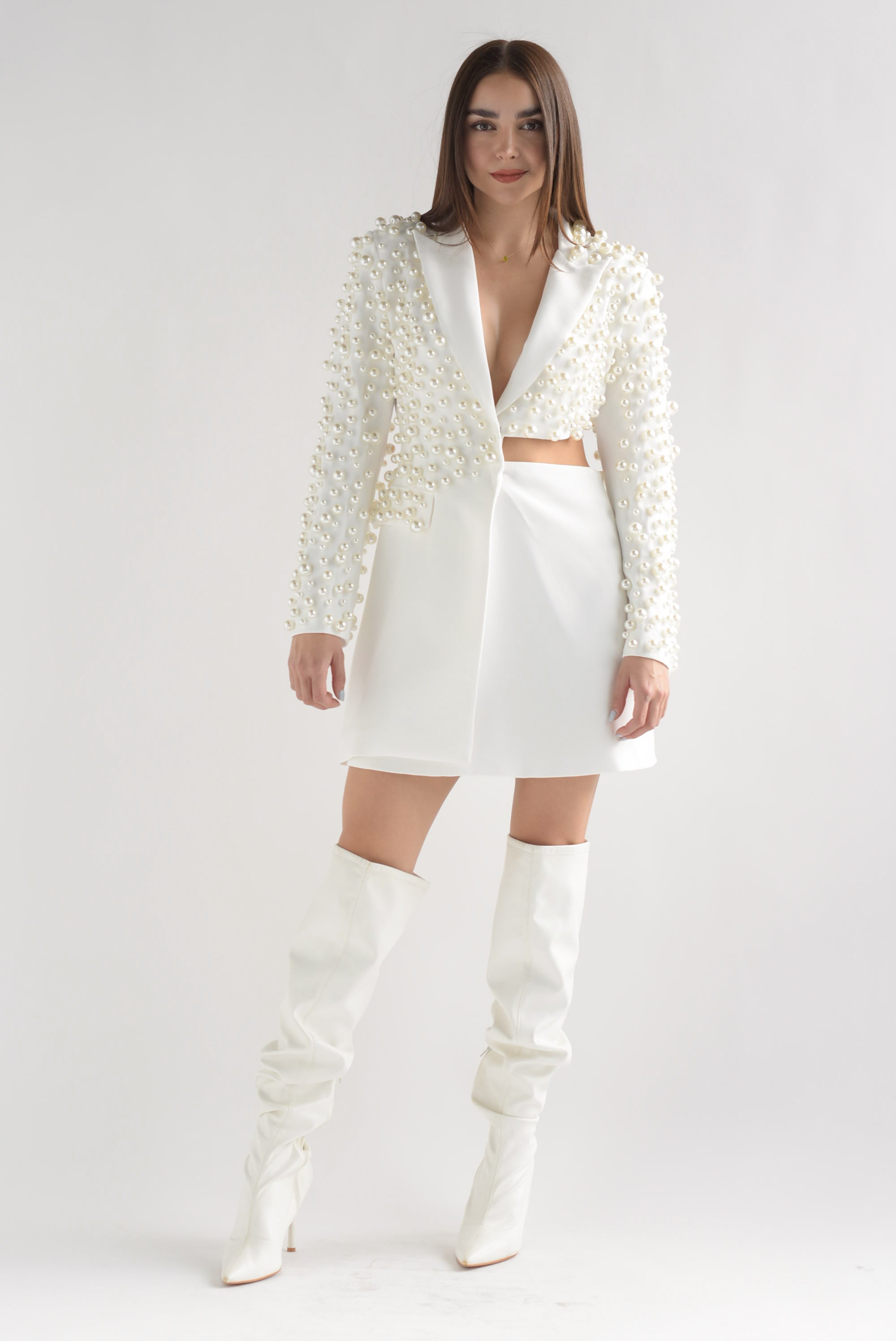 Blazer dress cut-out perlas Blanco