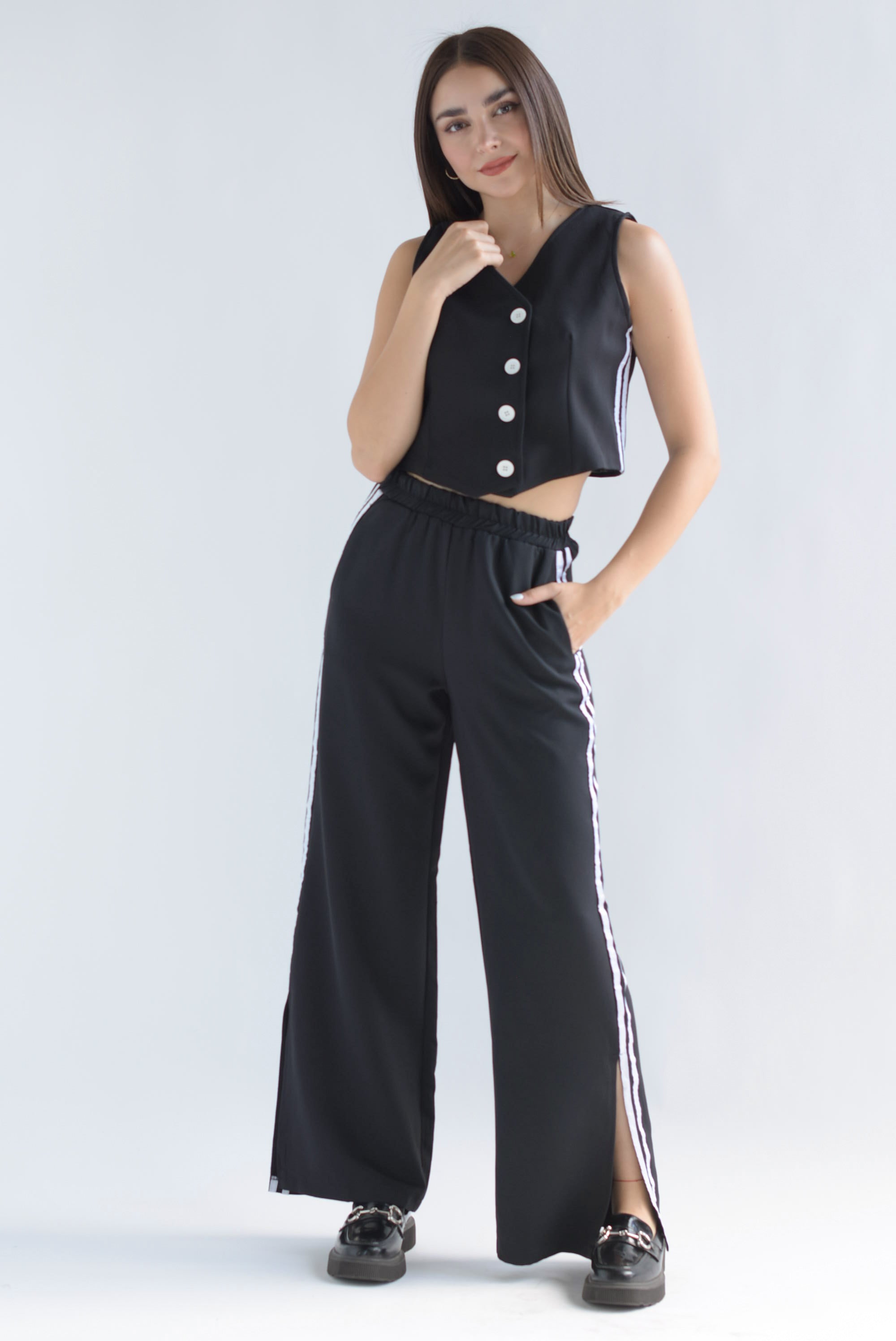 Set Pantalón y Chaleco 2 líneas track Negro