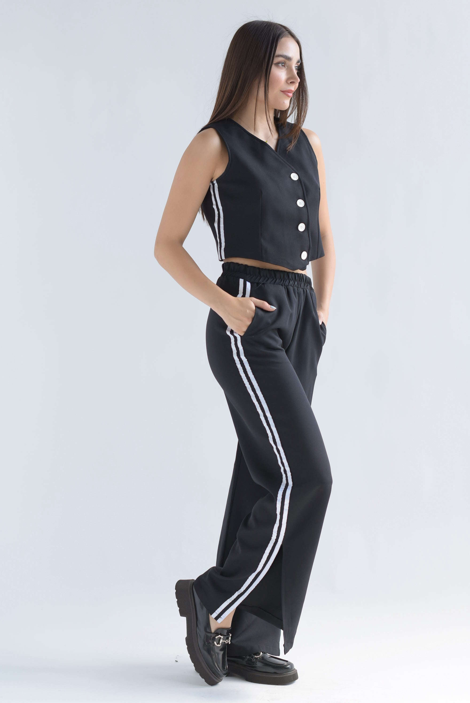 Set Pantalón y Chaleco 2 líneas track Negro