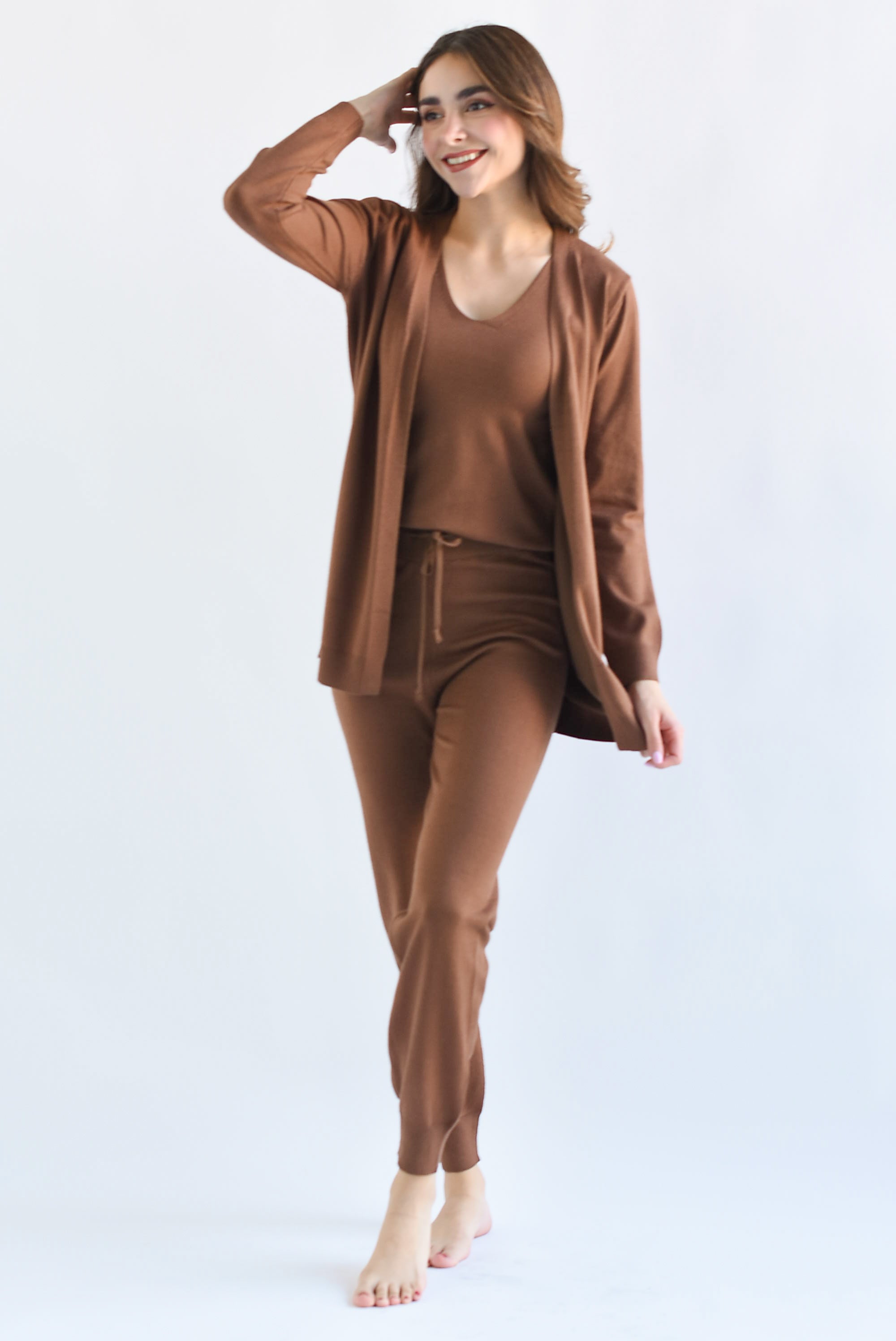 Set 3 piezas: Pantalón, Blusa y Cárdigan Café