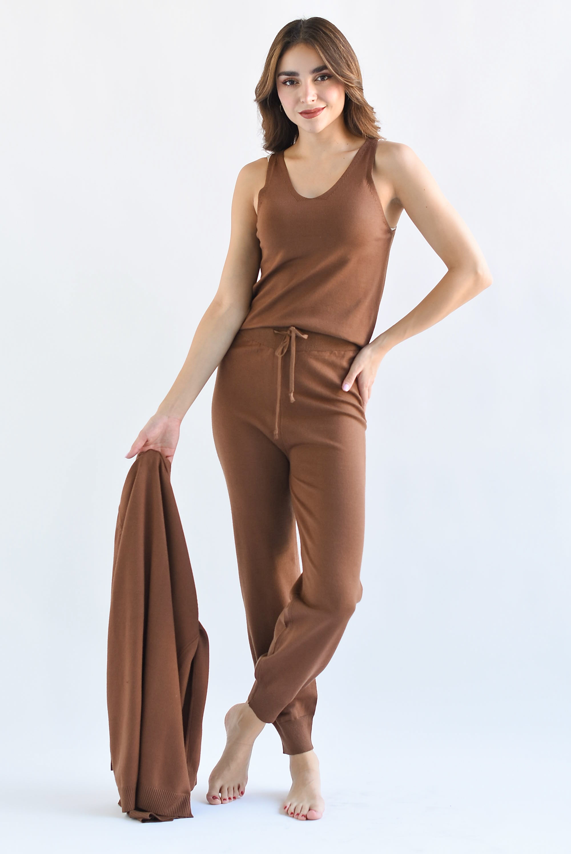 Set 3 piezas: Pantalón, Blusa y Cárdigan Café