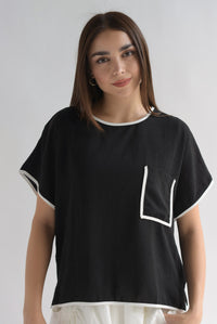 Fashion Styled Blusa bolsillo filos blancos Negro