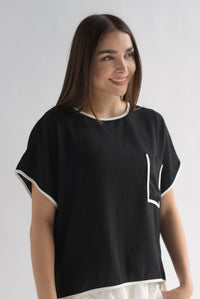 Fashion Styled Blusa bolsillo filos blancos Negro