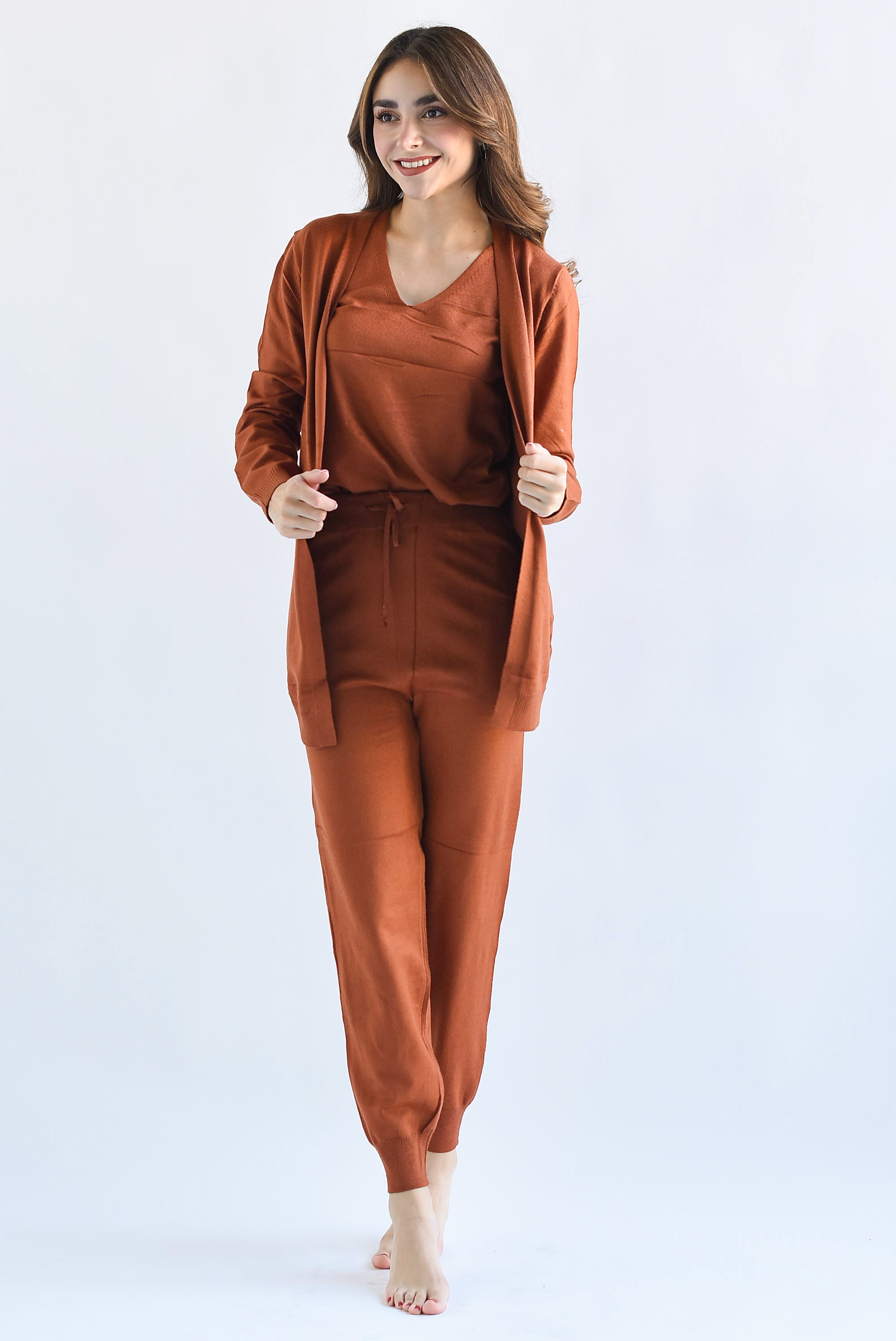 Set 3 piezas: Pantalón, Blusa y Cárdigan Camel