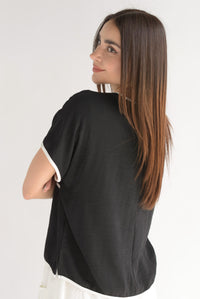 Fashion Styled Blusa bolsillo filos blancos Negro