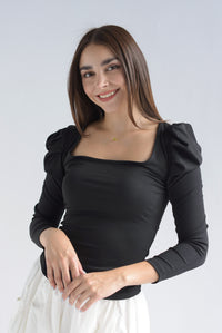 Fashion Styled Blusa manga larga puffy canalé Negro