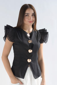 Fashion Styled Blusa olanes botones marinos Negro
