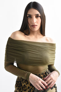 Fashion Styled Blusa off-shoulder mesh Verde Olivo