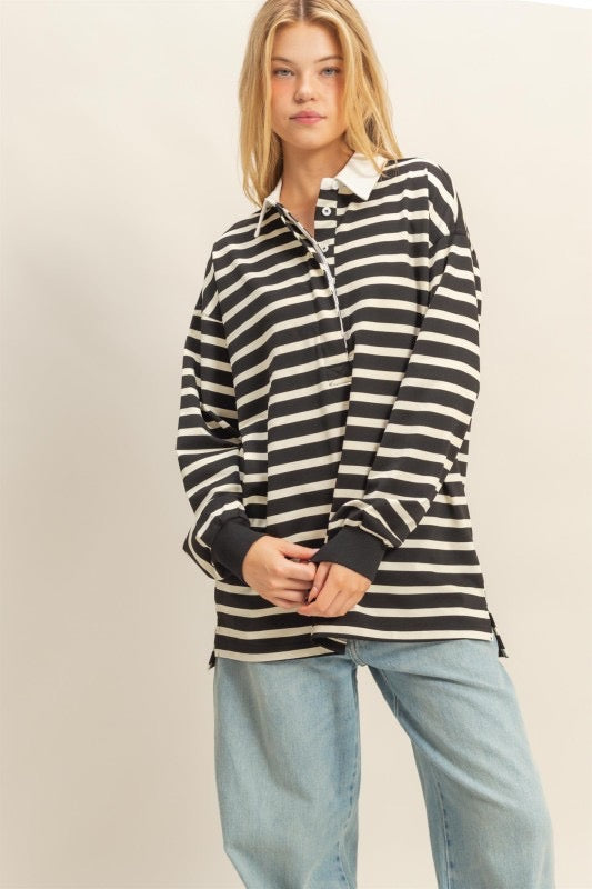 Blusa polo holgada rayas Negro