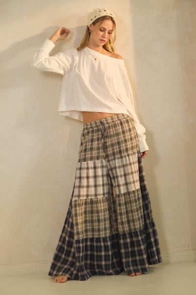 Pantalón maxi campana patchwork cuadros