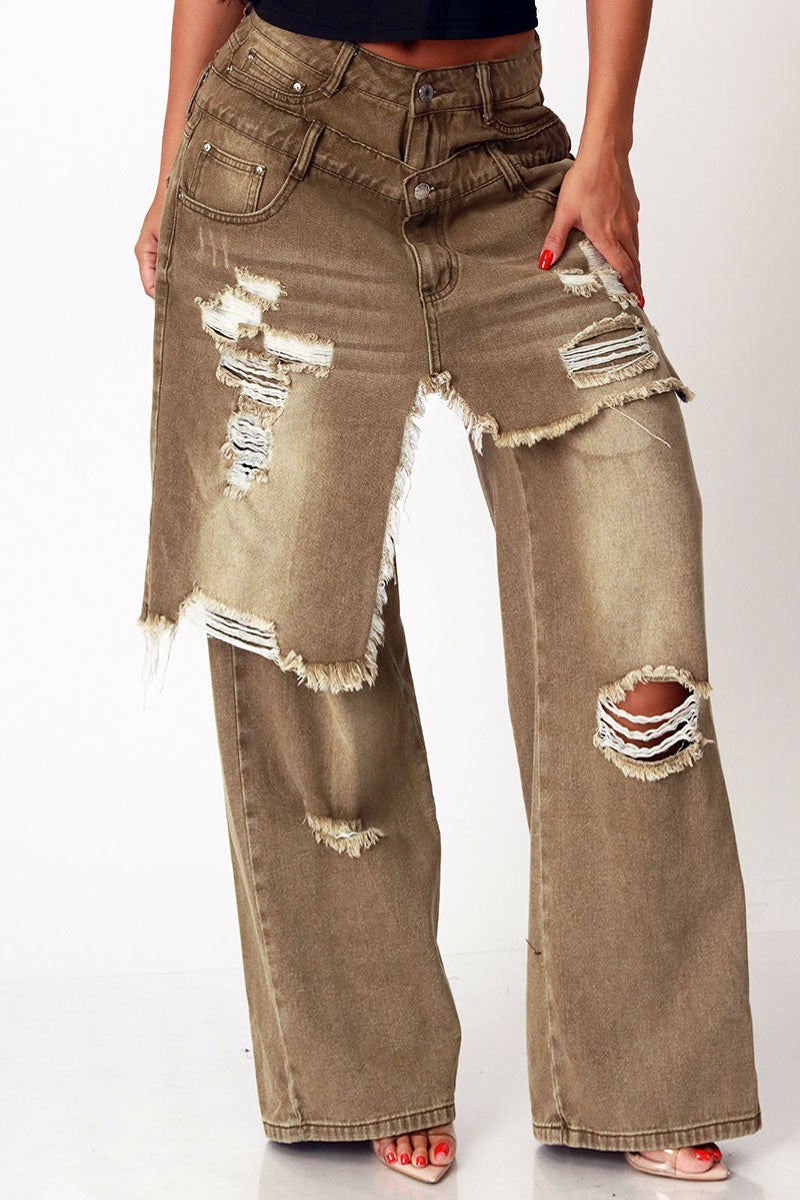 Jeans doble pretina con falda deshilado