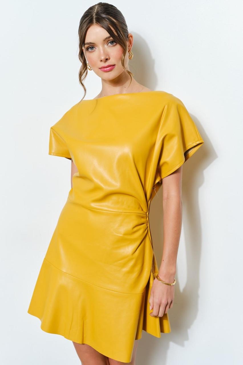 Vestido vinipiel drapeado Amarillo